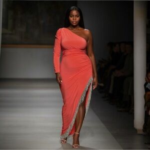 Mac Duggal 76989 Asymmetrical Rhinestone Fringe Cutout Dress Size 18W